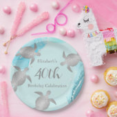 シルバーウミガメ青インク |カスタム誕生日 ペーパープレート (パーティー)