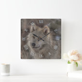 シルバーウルフ&スノーワイルドライフフォトクロック スクエア壁時計 (ホーム)