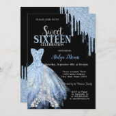 シルバーエッフェルタワーブルーグリッタードリップスドレスブラック 招待状 (正面/裏面)