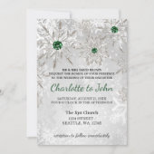 シルバーエメラルグリーンスノーフレーク冬の結婚式 招待状 (正面)