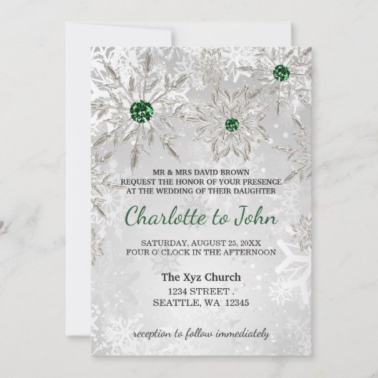 シルバーエメラルグリーンスノーフレーク冬の結婚式 招待状 (正面)
