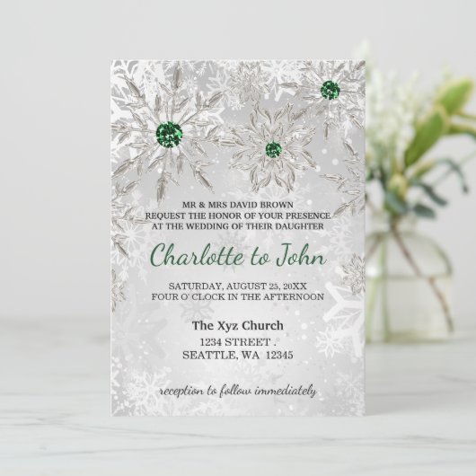 シルバーエメラルグリーンスノーフレーク冬の結婚式 招待状 (スタンド正面)