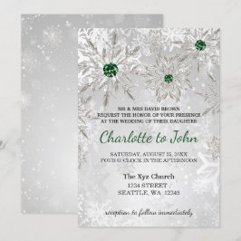 シルバーエメラルグリーンスノーフレーク冬の結婚式 招待状