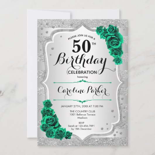 シルバーエメラルドグリーンフォト50誕生日 招待状 (正面)