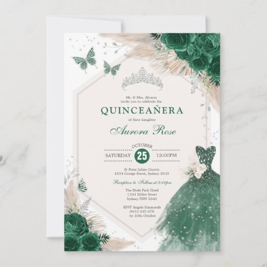 シルバーエメラルドグリーンボホバラキンセアニラパーティー 招待状 (正面)