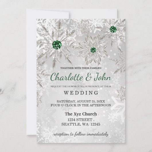 シルバーエメラルドグリーン雪の結晶ウィンターウェディング 招待状 (正面)
