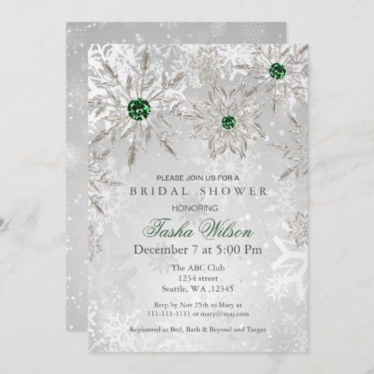 シルバーエメラルドスノーフレーク ウィンター ブライダルシャワー 招待状 (正面/裏面)