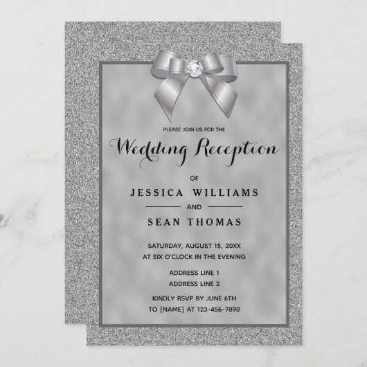 シルバーエレガントおよびスタイリッシュグリッターウェディングレセプション 招待状 (正面/裏面)