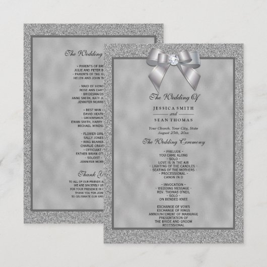 シルバーエレガントおよびスタイリッシュグリッター結婚式 プログラム (正面/裏面)