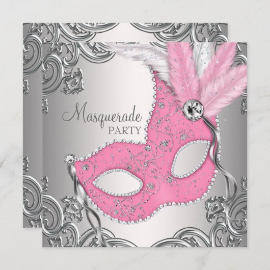 シルバーエレガントとピンクの仮装パーティー 招待状 (正面/裏面)