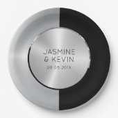 シルバーエレガントとブラックの幾何学的デザイン ペーパープレート (正面)