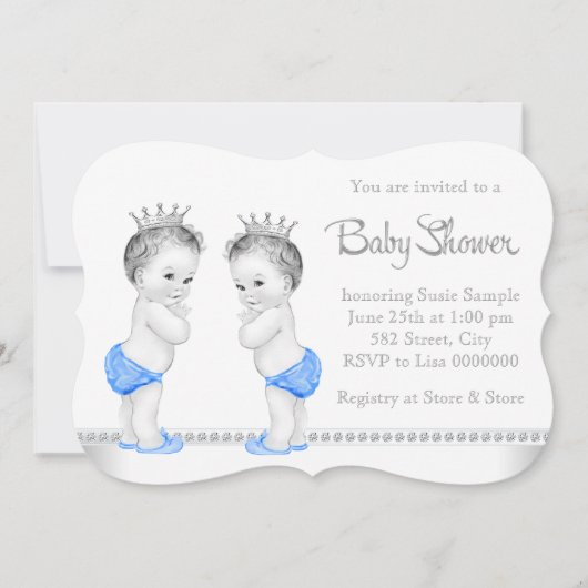 シルバーエレガントとブルーツインボーイ赤ちゃんシャワー 招待状 (正面)