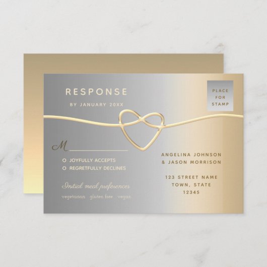 シルバーエレガントと金ゴールドの結婚式 出欠カード (正面/裏面)