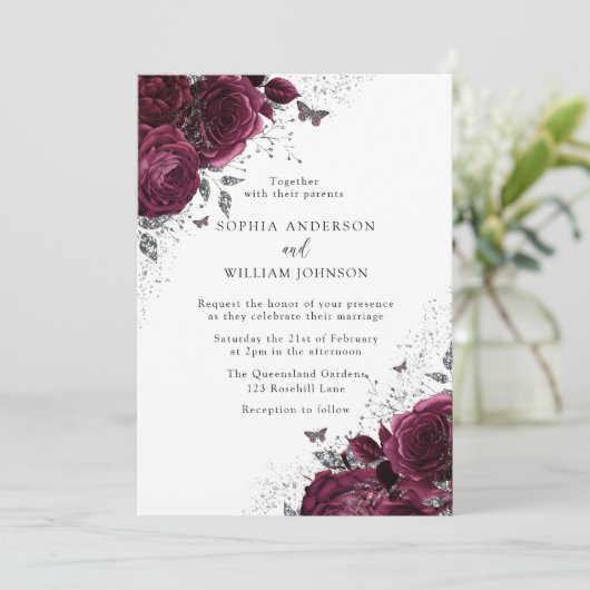 シルバーエレガントな結婚式と魔法のブルゴーニュバラ 招待状 (スタンド正面)