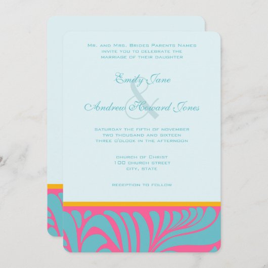 シルバーエレガントアクア明るい赤紫色バタースコッチスワール 招待状 (正面/裏面)