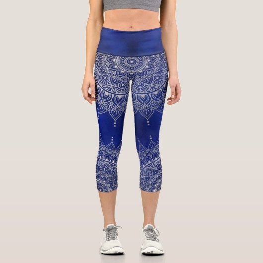 シルバーエレガントオン深いブルーフローラヘナマンダラ カプリレギンス (正面)