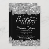 シルバーエレガントグリッターとブラック30歳の誕生日 招待状 (正面/裏面)