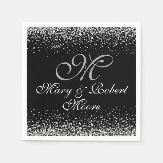 シルバーエレガントグリッターオンブラック スタンダードカクテルナプキン (正面)