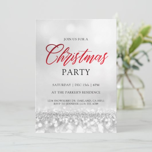 シルバーエレガントグリッタークリスマスパーティーモダン 招待状 (スタンド正面)