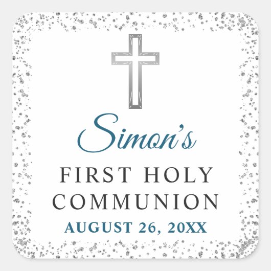 シルバーエレガントグリッタークロスファースト聖餐式 スクエアシール (正面)