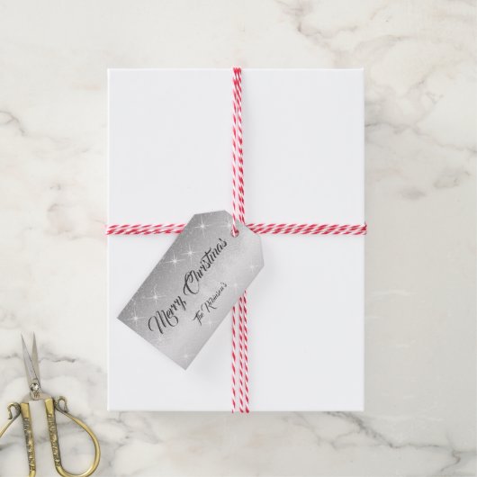 シルバーエレガントグリッタースターズ名前をカスタムするクリスマス ギフトタグ (より糸付き)