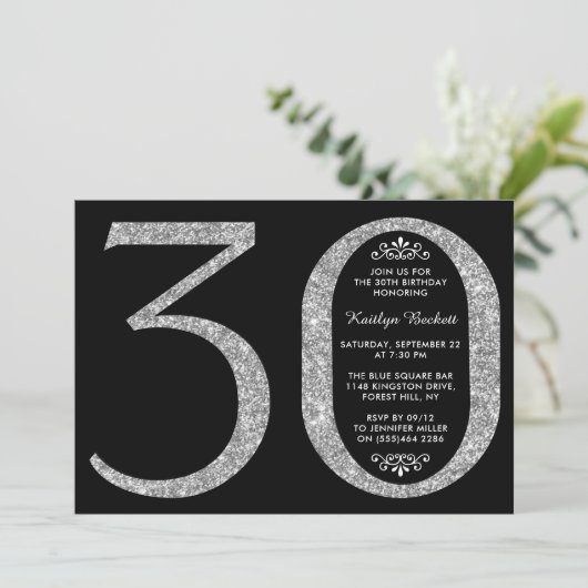 シルバーエレガントグリッタータイポグラフィ30歳の誕生日 招待状 (スタンド正面)