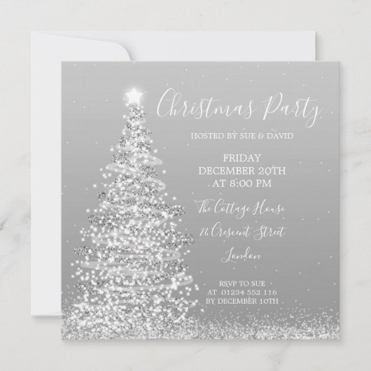 シルバーエレガントグリッターツリークリスマスパーティー 招待状 (正面)