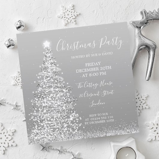 シルバーエレガントグリッターツリークリスマスパーティー 招待状