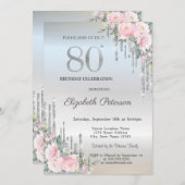 シルバーエレガントグリッタードリップスバラ80誕生日 招待状 (正面/裏面)