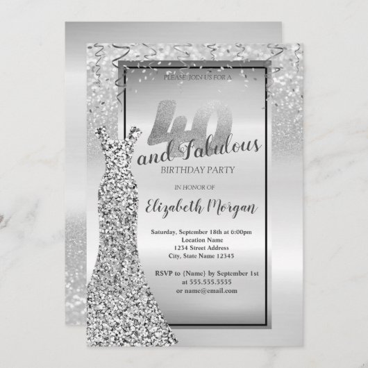 シルバーエレガントグリッタードレス40th誕生日パーティー 招待状 (正面/裏面)