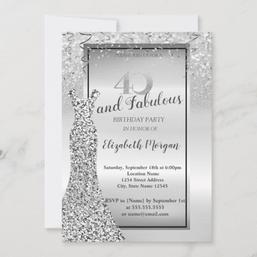 シルバーエレガントグリッタードレス40th誕生日パーティー 招待状 (正面)