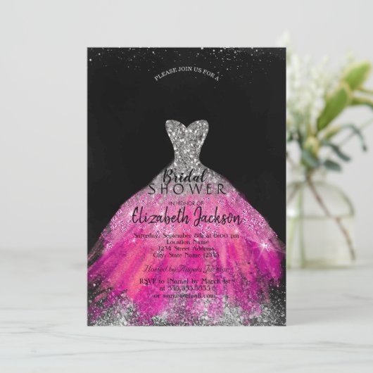 シルバーエレガントグリッターバイオレットドレスブライダルシャワー 招待状 (スタンド正面)