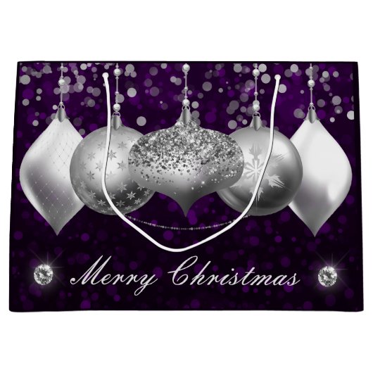 シルバーエレガントグリッターバウブルズメリークリスマス ラージペーパーバッグ (正面)