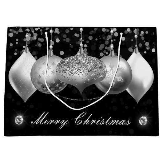 シルバーエレガントグリッターバウブルズメリークリスマス ラージペーパーバッグ (正面)