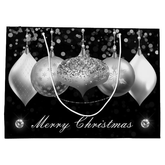 シルバーエレガントグリッターバウブルズメリークリスマス ラージペーパーバッグ (裏面)