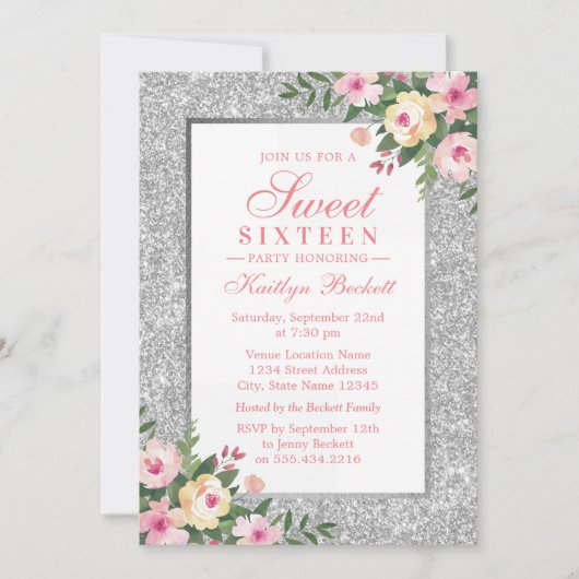 シルバーエレガントグリッターフローラスウィート16誕生日 招待状 (正面)