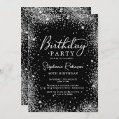 シルバーエレガントグリッターブラック40歳の誕生日 招待状 (正面/裏面)