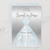 シルバーエレガントグリッターブルードレススウィート16 招待状 (正面/裏面)