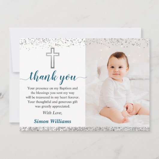 シルバーエレガントグリッターボーイバプテスマ写真 サンキューカード (正面)
