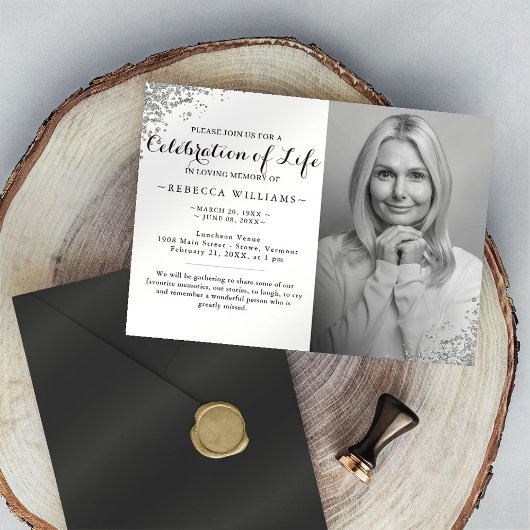 シルバーエレガントグリッター写真お祝いI 招待状