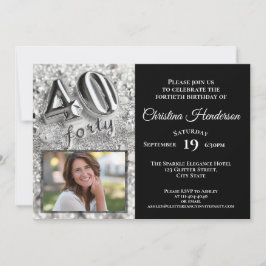 シルバーエレガントグリッター写真40歳の誕生日パーティー 招待状