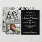 シルバーエレガントグリッター写真40歳の誕生日パーティー 招待状 (正面/裏面)