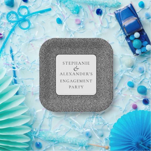 シルバーエレガントグリッター名婚約パーティ ペーパープレート (パーティー)