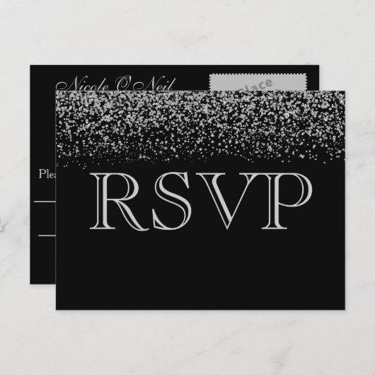 シルバーエレガントグリッター紙吹雪ウェディングRSVP インビテーションポストカード (正面/裏面)