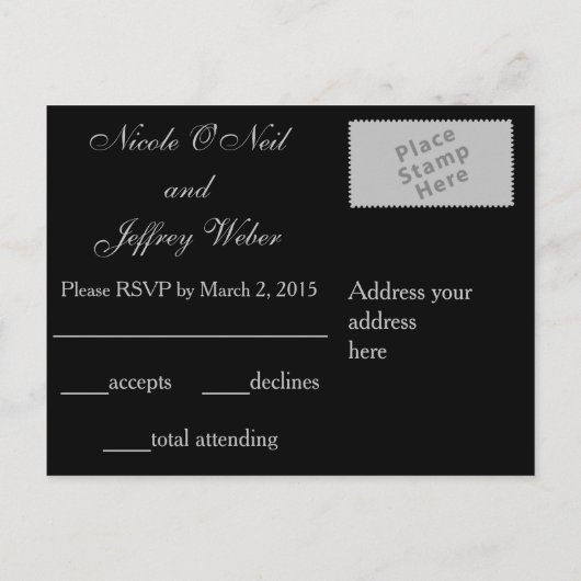 シルバーエレガントグリッター紙吹雪ウェディングRSVP インビテーションポストカード (裏面)