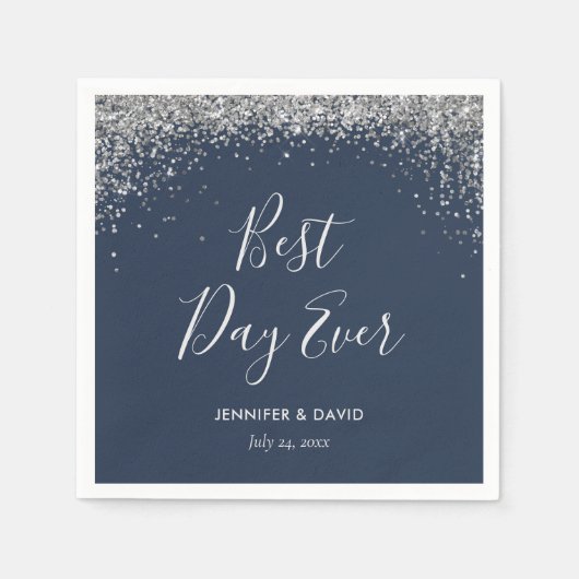 シルバーエレガントグリッター紙吹雪ネイビーブルー結婚ズ スタンダードカクテルナプキン (正面)