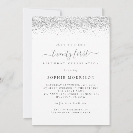 シルバーエレガントグリッター21歳の誕生日パーティー 招待状 (正面)