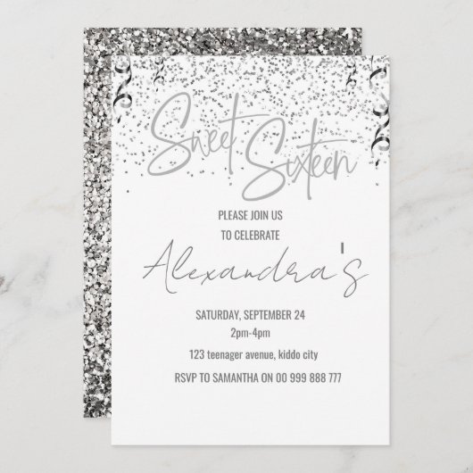 シルバーエレガントグリッターSweet sixteenガール誕生日 招待状 (正面/裏面)