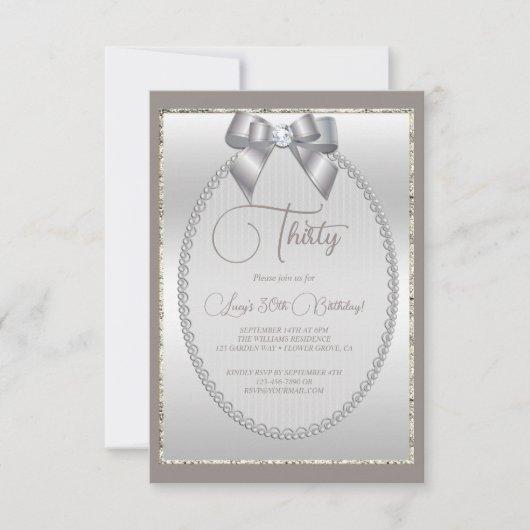 シルバーエレガントジュエリドボウ誕生日 招待状 (正面)