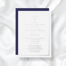 シルバーエレガントスクリプト海軍ブルー第一聖餐式 箔招待状